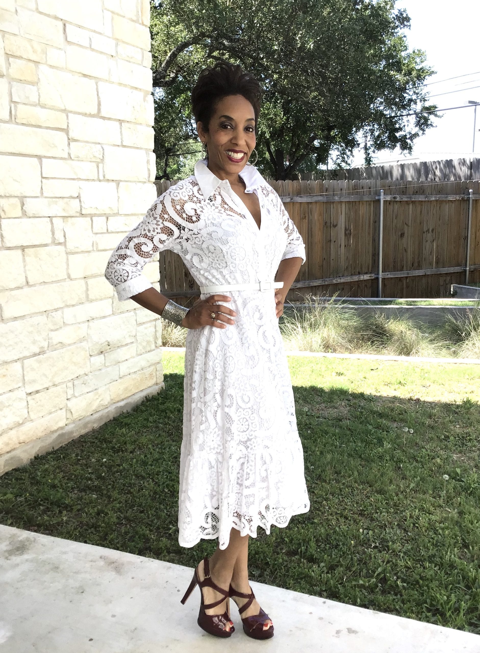 Restylist Catenya McHenry shows 3 Ways to Style a Nanette Lapore White Belted Fit and Flare Lace Dress