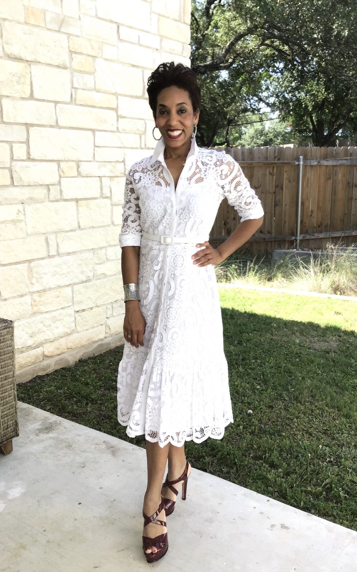 Restylist Catenya McHenry shows 3 Ways to Style a Nanette Lapore White Belted Fit and Flare Lace Dress