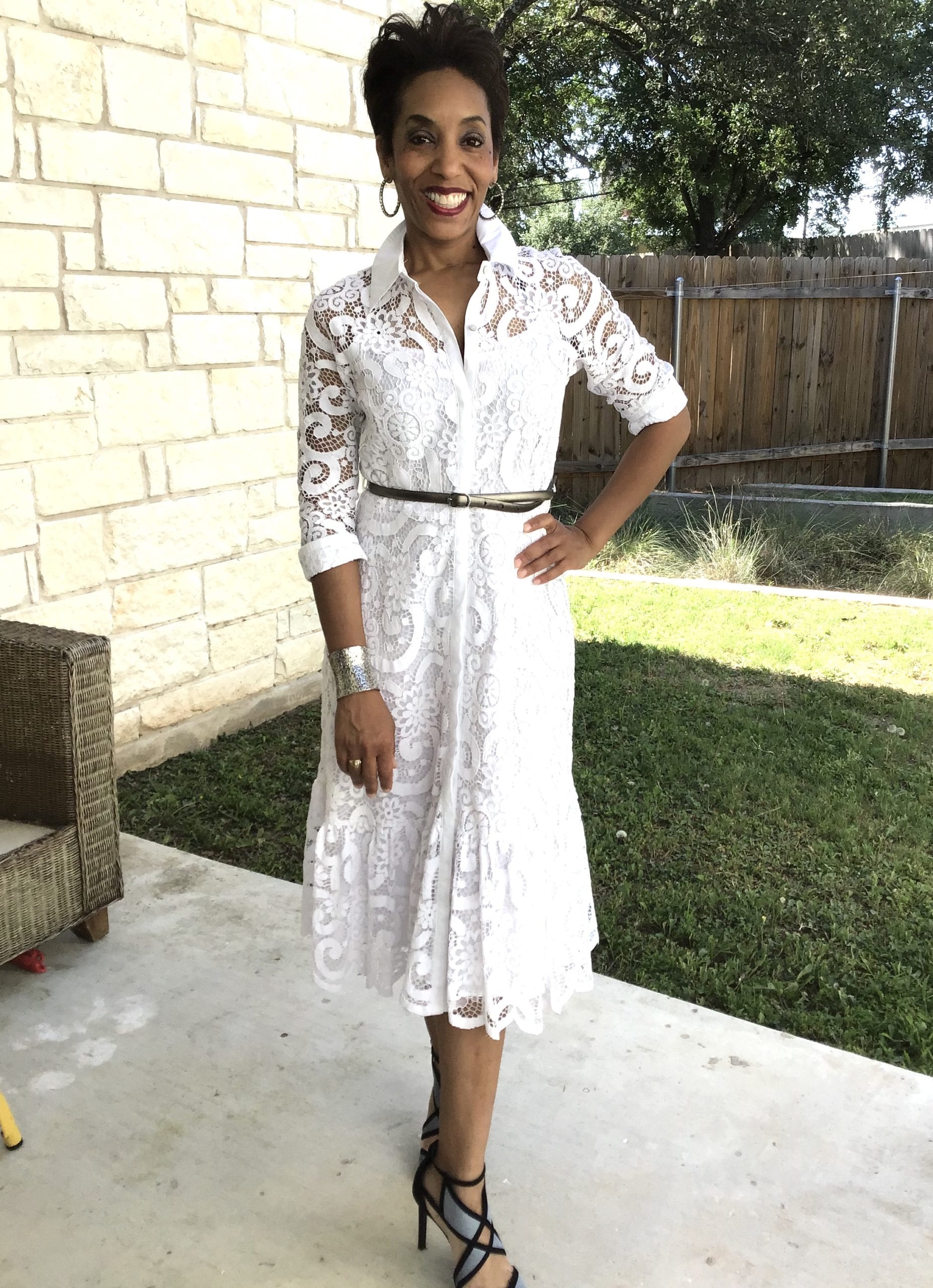 Restylist Catenya McHenry shows 3 Ways to Style a Nanette Lapore White Belted Fit and Flare Lace Dress