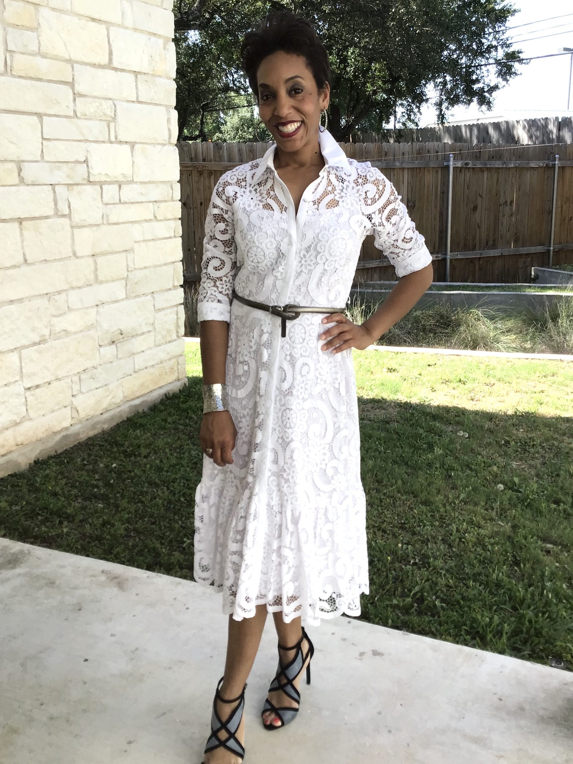 Restylist Catenya McHenry shows 3 Ways to Style a Nanette Lapore White Belted Fit and Flare Lace Dress