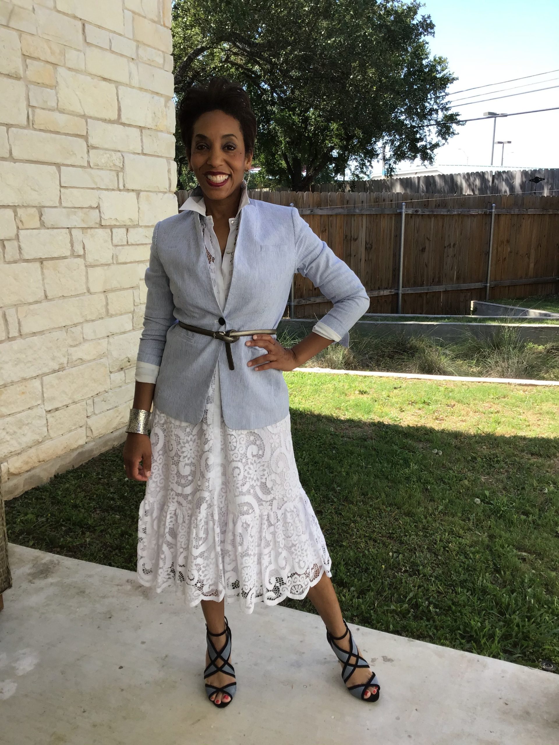 Restylist Catenya McHenry shows 3 Ways to Style a Nanette Lapore White Belted Fit and Flare Lace Dress