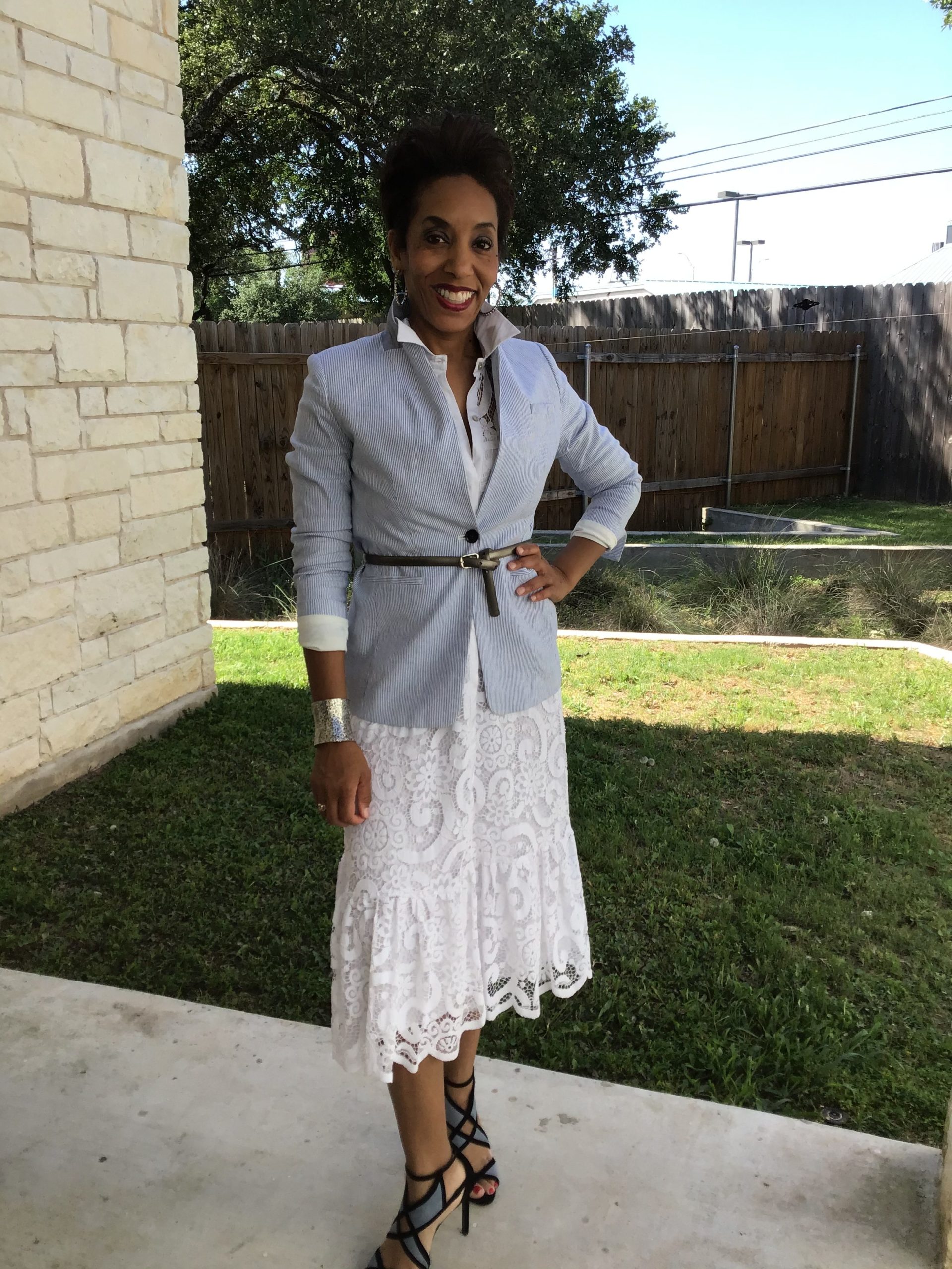 Restylist Catenya McHenry shows 3 Ways to Style a Nanette Lapore White Belted Fit and Flare Lace Dress