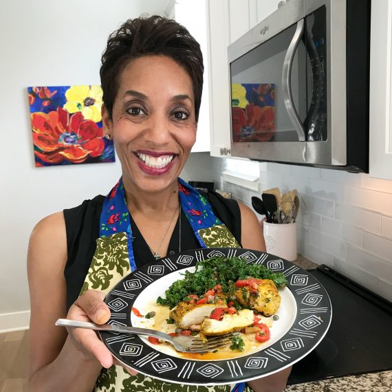 On season 2, episode 1 of The Mom Who Can't Cook show, Catenya McHenry cooks Aromatic Chicken breast with kale, red onions, and a tomato and chili salsa from The SirtFood Diet cook book.