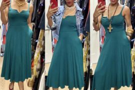 Restylist Catenya McHenry wears a green Rou Midi Fit &Flare dress from Reformation at Nordstrom. She show 3 ways to style the strappy midi dress with pockets.