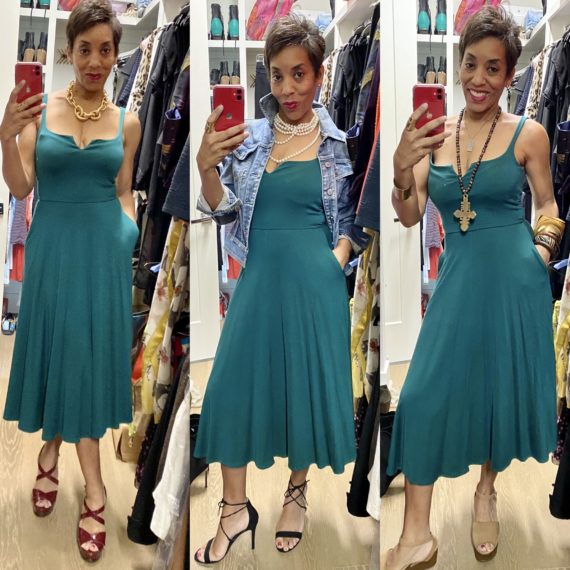 Restylist Catenya McHenry wears a green Rou Midi Fit &Flare dress from Reformation at Nordstrom. She show 3 ways to style the strappy midi dress with pockets.