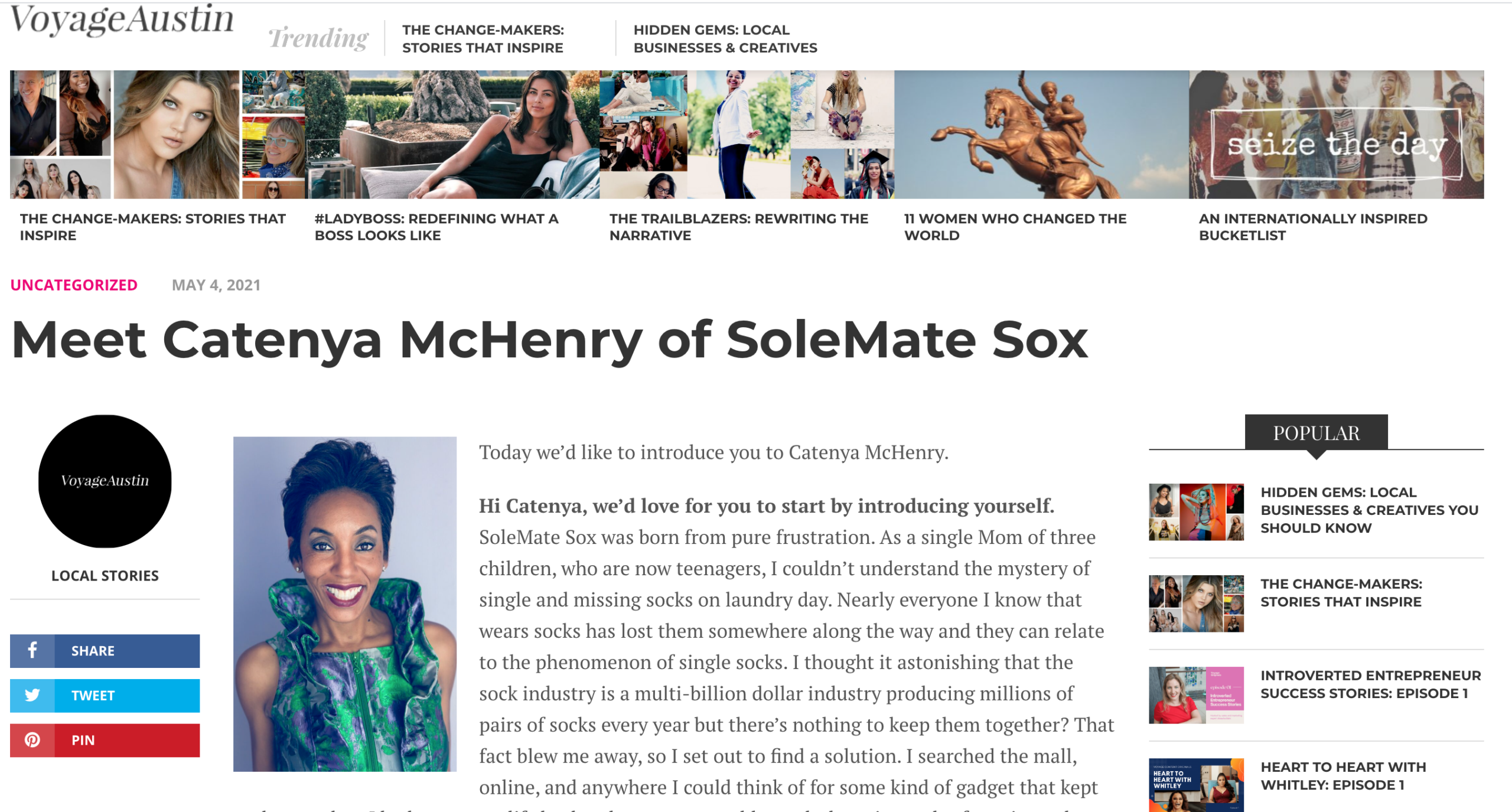 Inventor and CEO of SoleMate Sox Catenya McHenry is featured on Voyage Austin magazine.