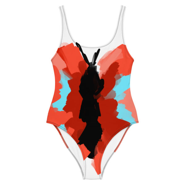 Black woman wears a custom Fuck Fear podcast butterfly one-piece swimsuit