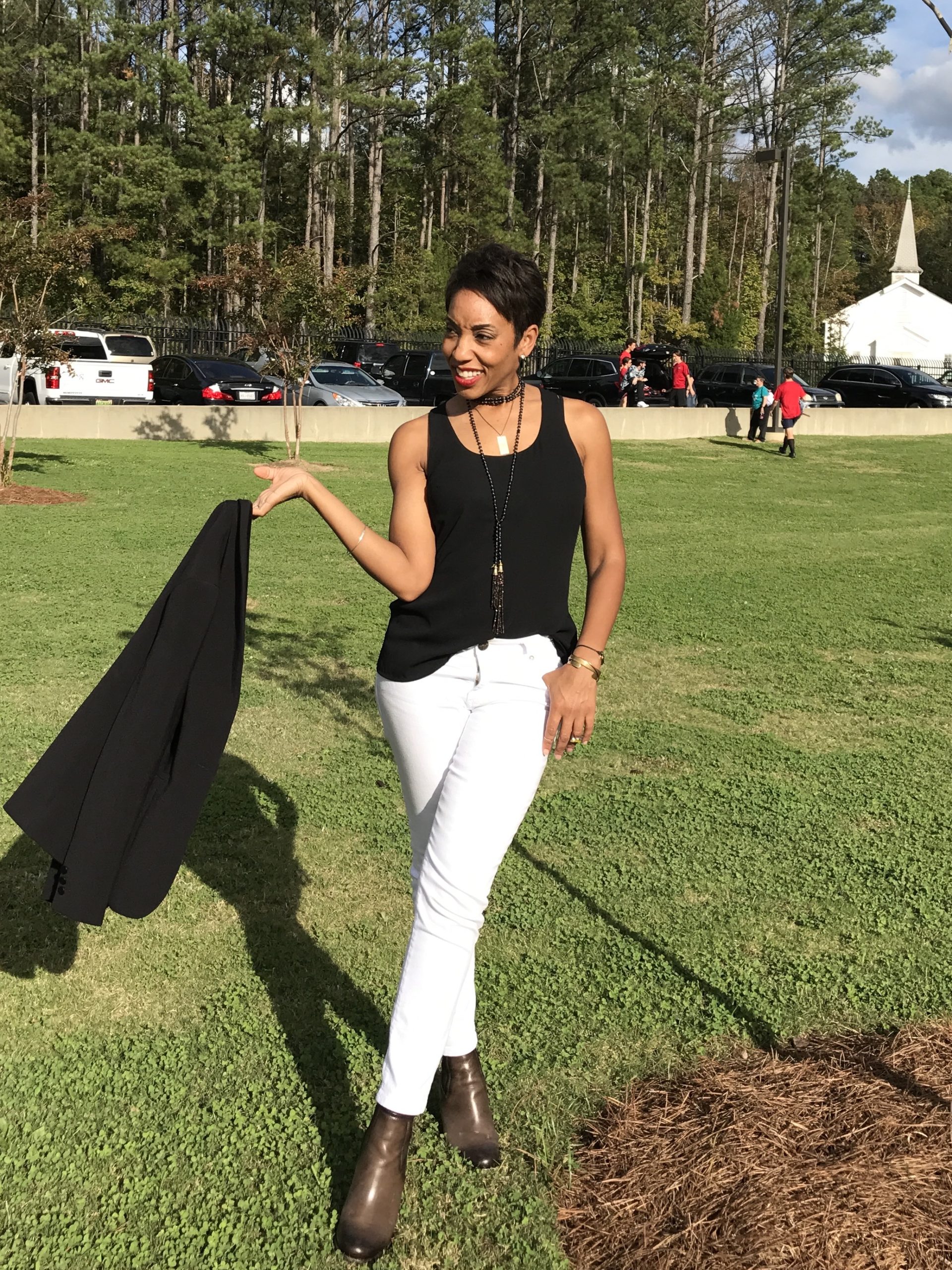 Restylist Catenya McHenry shows how to wear white after Labor Day by wearing white Beija Flor jeans