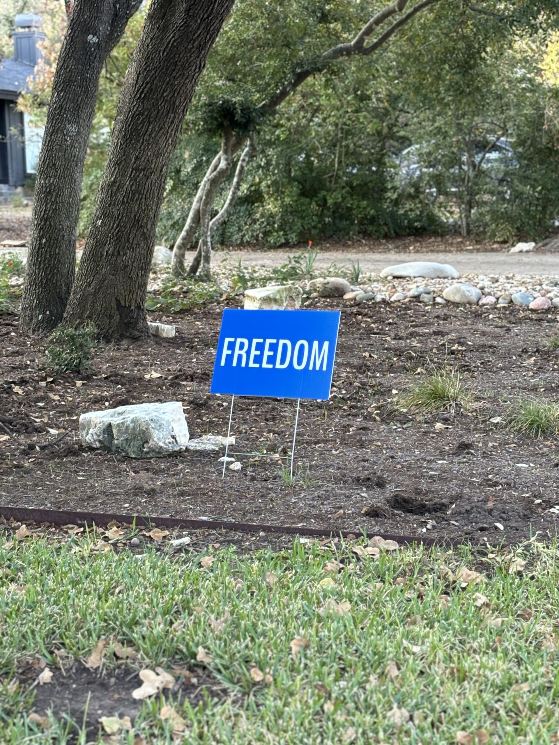 Freedom yard sign captured in the hills of Northwest Austin on Nature Walk on the Fuck Fear podcast with Catenya McHenry